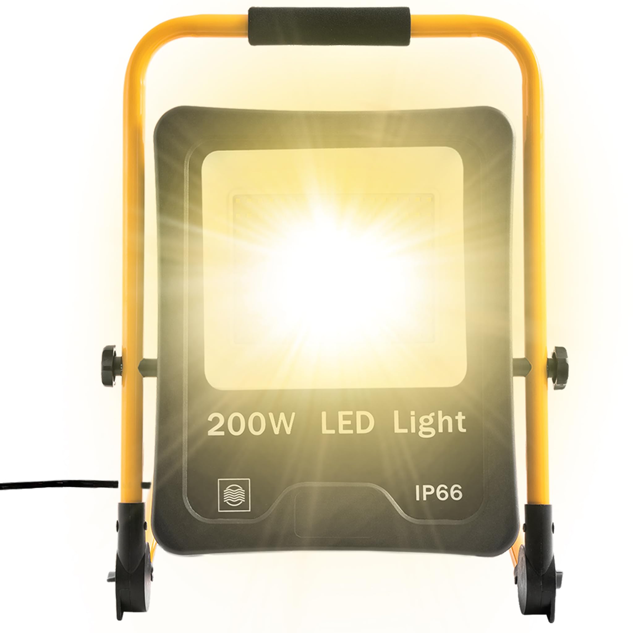 SUBTLETY Reflektor budowlany LED, 200 W, reflektor roboczy z kablem sieciowym 3 m i statywem w kształcie litery U, IP66, wodoszczelny, do użytku wewnątrz i na zewnątrz (ciepła biel)