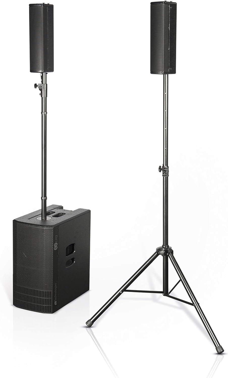 Complete dB Technologies ES 1203 PA system with subwoofer, satellite tops, and one satellite on a separate stand.
