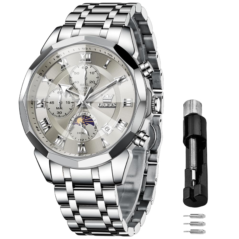 OLEVS Männer Uhr Quarz Luxus Business Uhren Multifunktion Chronograph Mondphase wasserdicht Leuchtend Edelstahl Armbanduhr