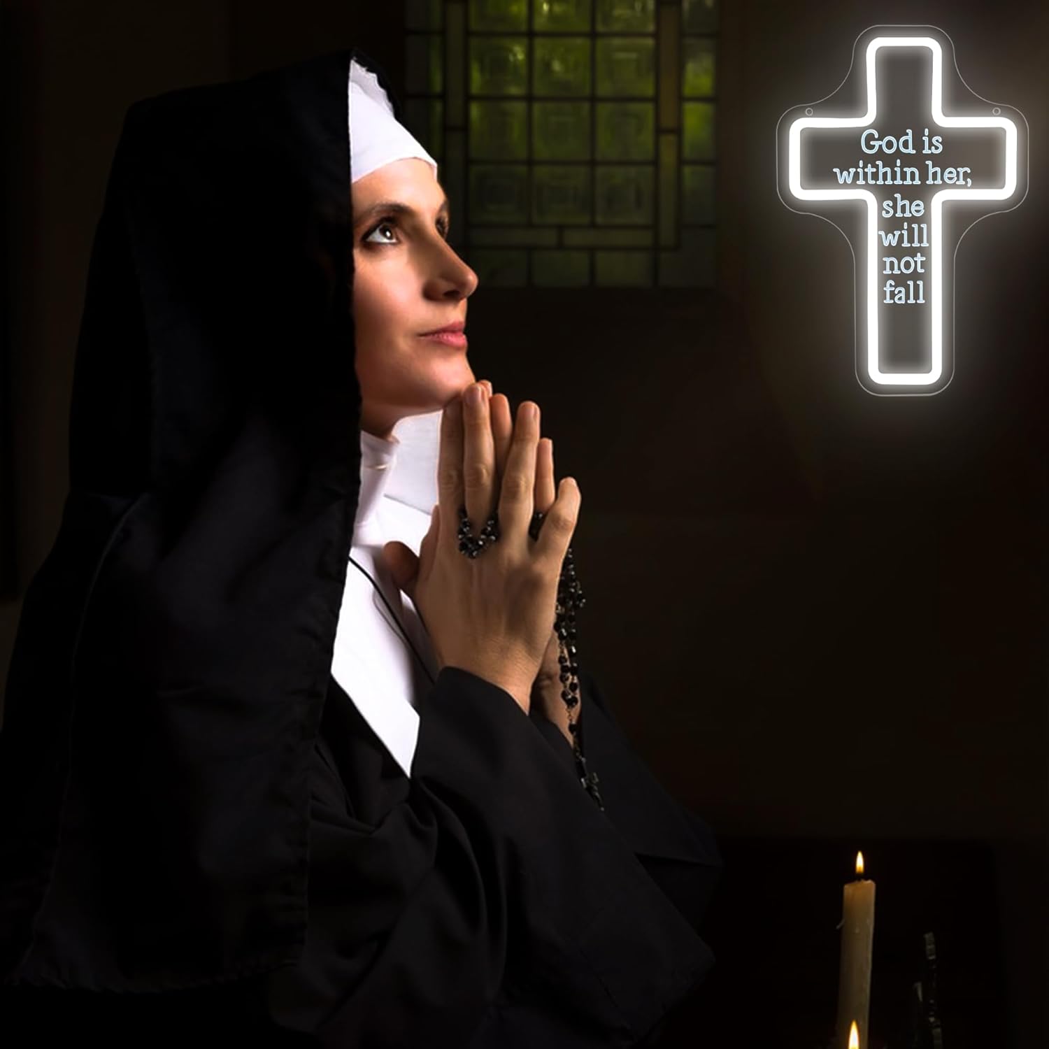 Cross Bible Verse Neon Sign "God is within her" Dimmable LED Neon Light for Christian Wall Decor Cross Shaped Neon Sign for Bedroom Nursery Church Decor Birthday Gift for Christian Women Size 13.8*9.3in(GLNP212)