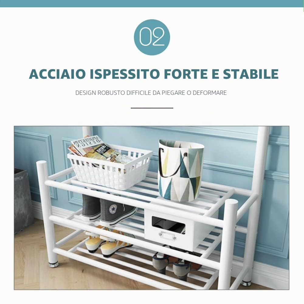 MAGIC SELECT Appendiabiti Portabiti, Barra Superiore per Grucce, 18 Ganci e 3 Ripiani per Scarpiera - Appendiabiti in Metallo per Ingresso Corridoio