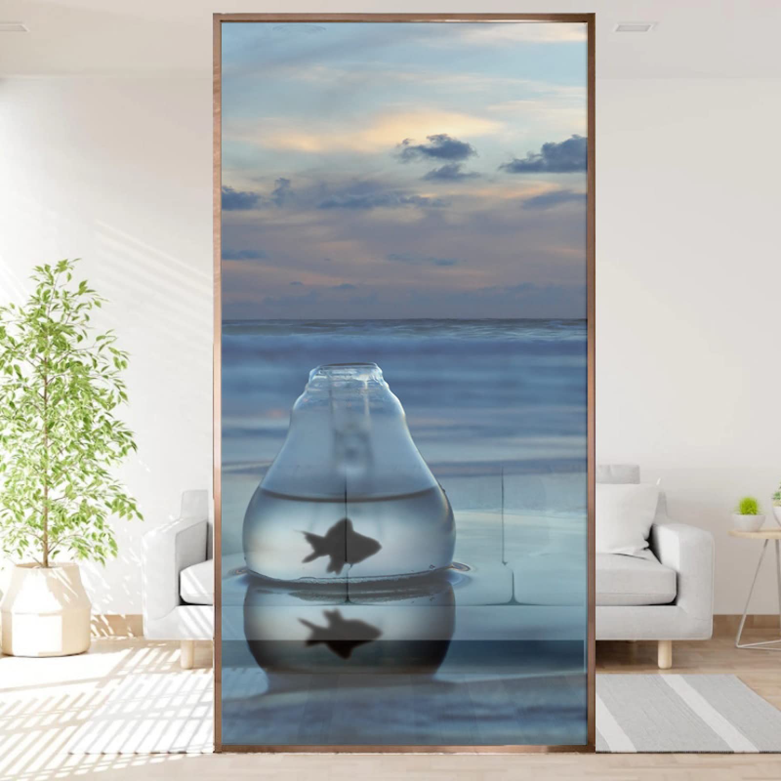 Fensterfolie Sonnenuntergang-Aquarium-Goldfisch Sichtschutzfolie 3D Sichtschutz Folie Ohne Klebstoff Milchglasfolie Anti UV Dekorfolie für Zuhause und Büro, Bad Wohnzimmer 90x200 cm