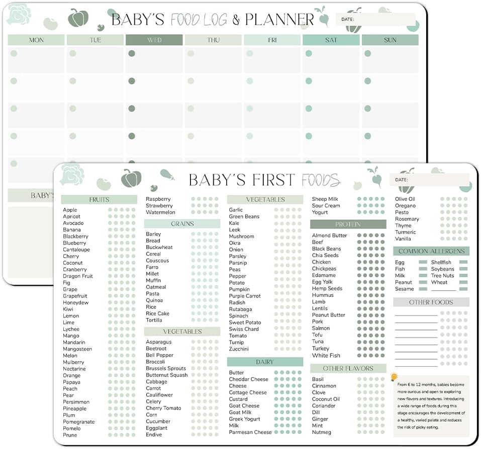 2 Pack Baby First Foods Tracker Fridge Magnet & Daily Food Log Meal Planner, Baby’s First Food Checklist, 12″x8″ Dry Erase Baby Foods Chart, 101 Foods Before 1 Checklist Magnet