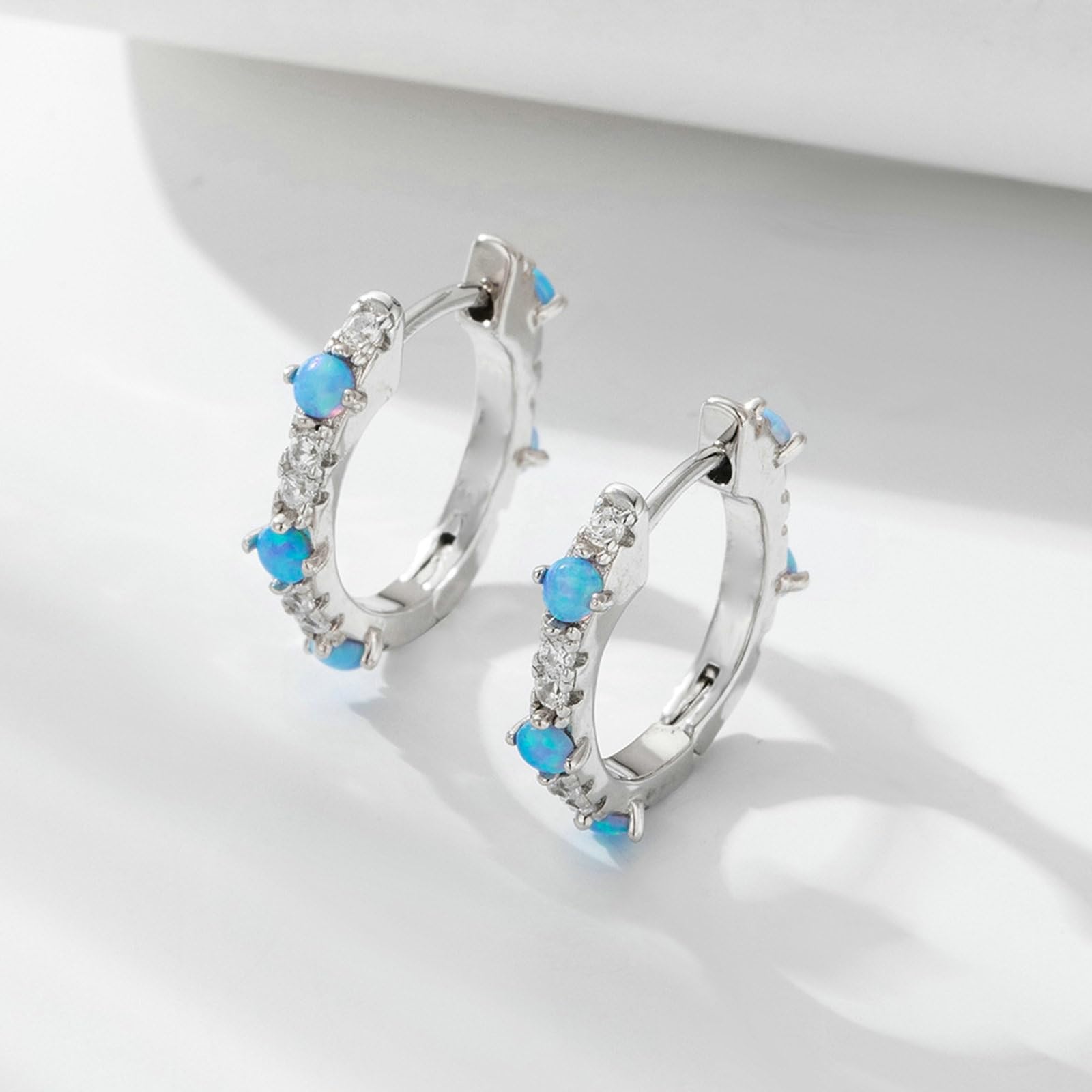 Wycian Pendientes grandes para mujer, ópalo azul y moissanita, pendientes de aro dorados pequeños pequeños para ella 9 K/14K/18K oro/platino