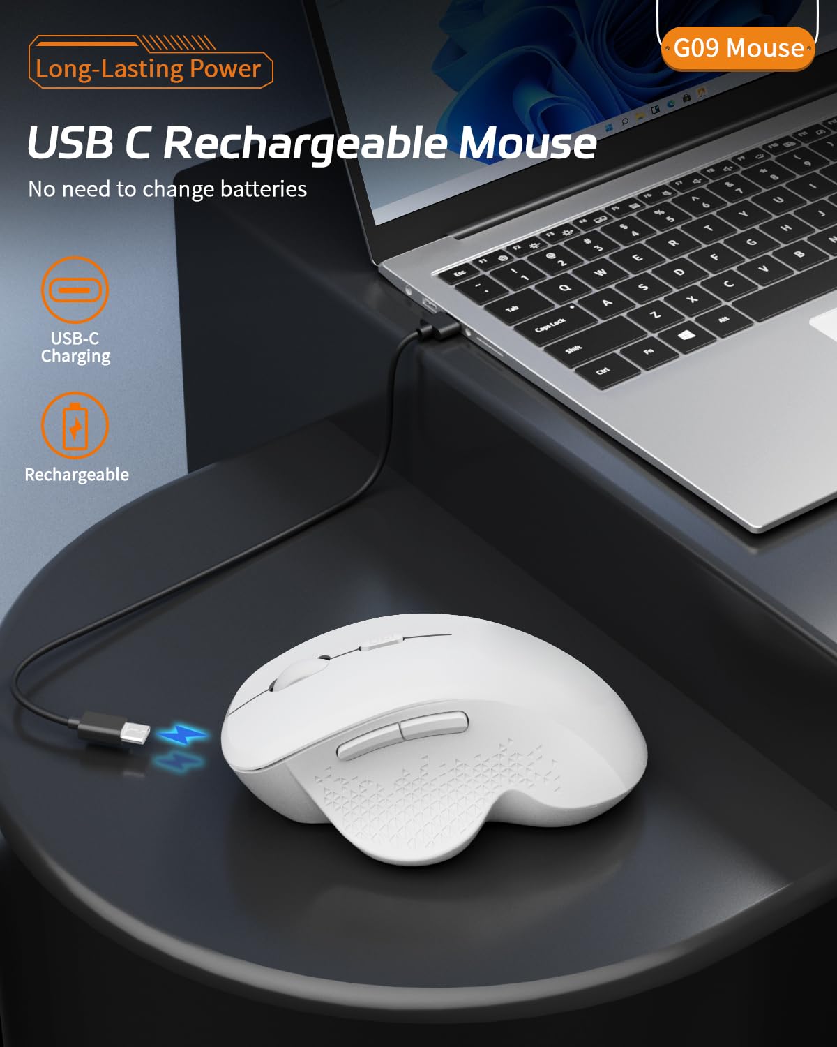 Uiosmuph G09 Bluetooth Wireless Mouse, BT5.1 & 2.4Ghz Rechargeable Computer Mouse with USB Receiver and Type C Adapter, Ergonomic Bluetooth Mice for Laptop, iPad, Mac - White — view 2