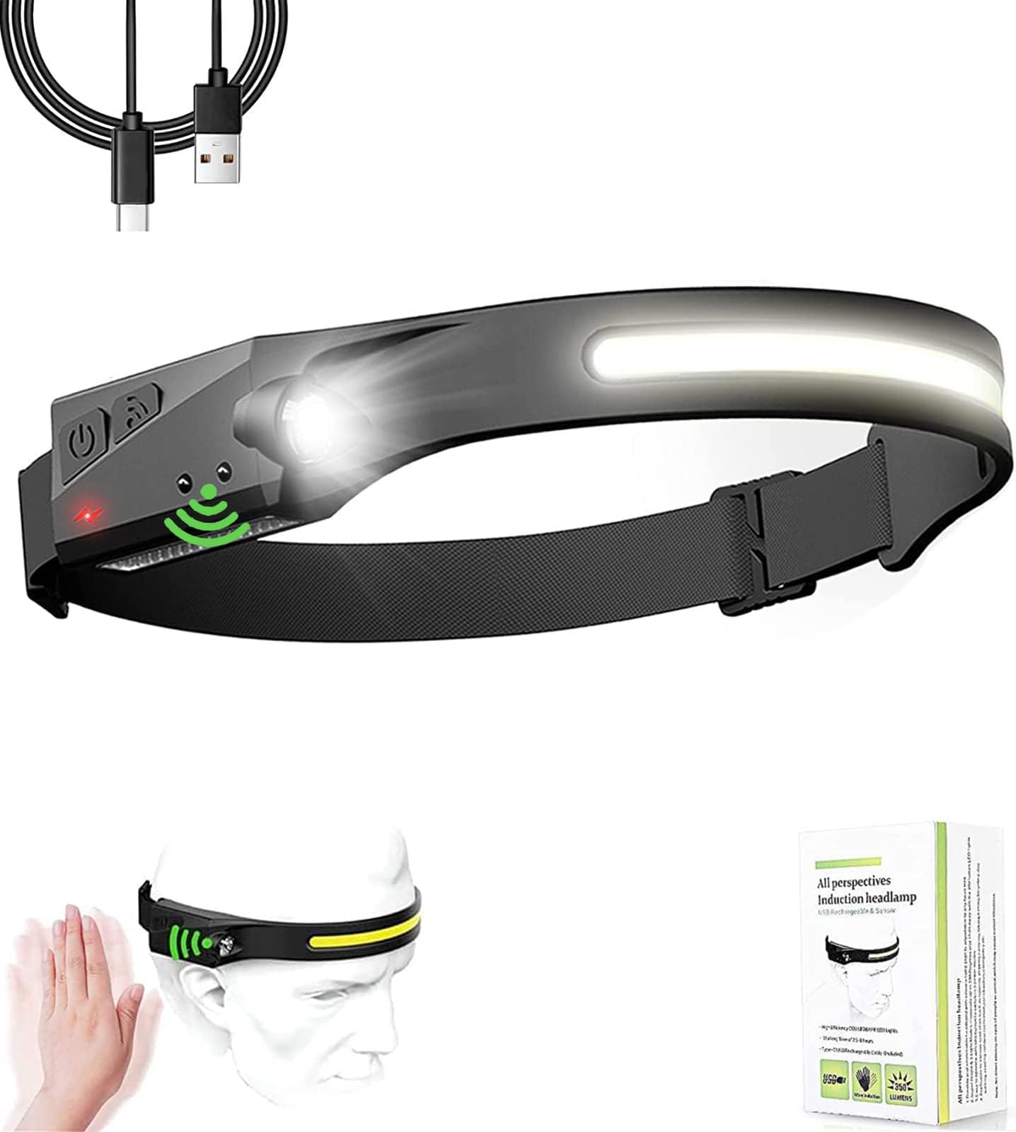 Delfi Strip Lamp Pro, 230° Wide Beam Led Everlyte Headlamp Flashlight with All Perspectives Induction, Headband Light, Motion Sensor, Lightweight,Waterproof Camping Head Light for Outdoor Running