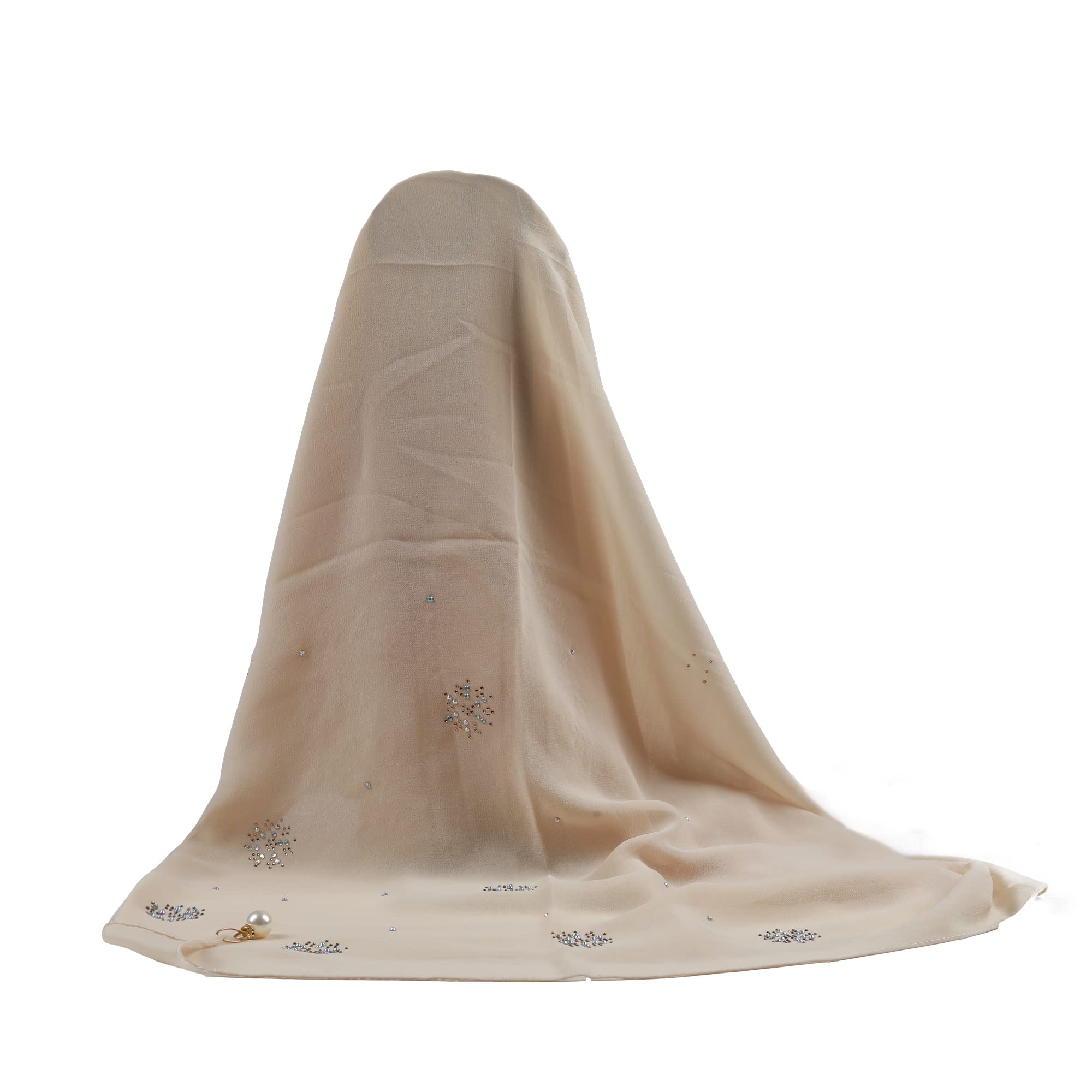 Women's Head Scarf Plain Shiffon with Stone and Lulu Shawl Headwear Ladies Shawl Wrap Hijab Full Cover Turban (Color: Beige, Size : 70 * 180cm)