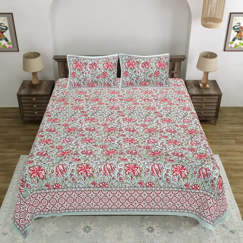 Image of Living Roots Jaipuri Hand Block Print Double Cotton Bedsheet & 2 Pillow Covers, for Mattress Upto 8 inches Thick, No Colour Bleeding, Pink Colour, Super King Size 96 * 104 inches, 150TC (580-B)