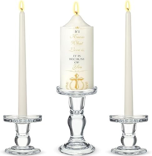 MTLEE Juego de 3 velas Unity con portavelas para boda, incluye 1 pilar y 2 velas cónicas para ceremonia, accesorios de boda, bautismo, iglesia