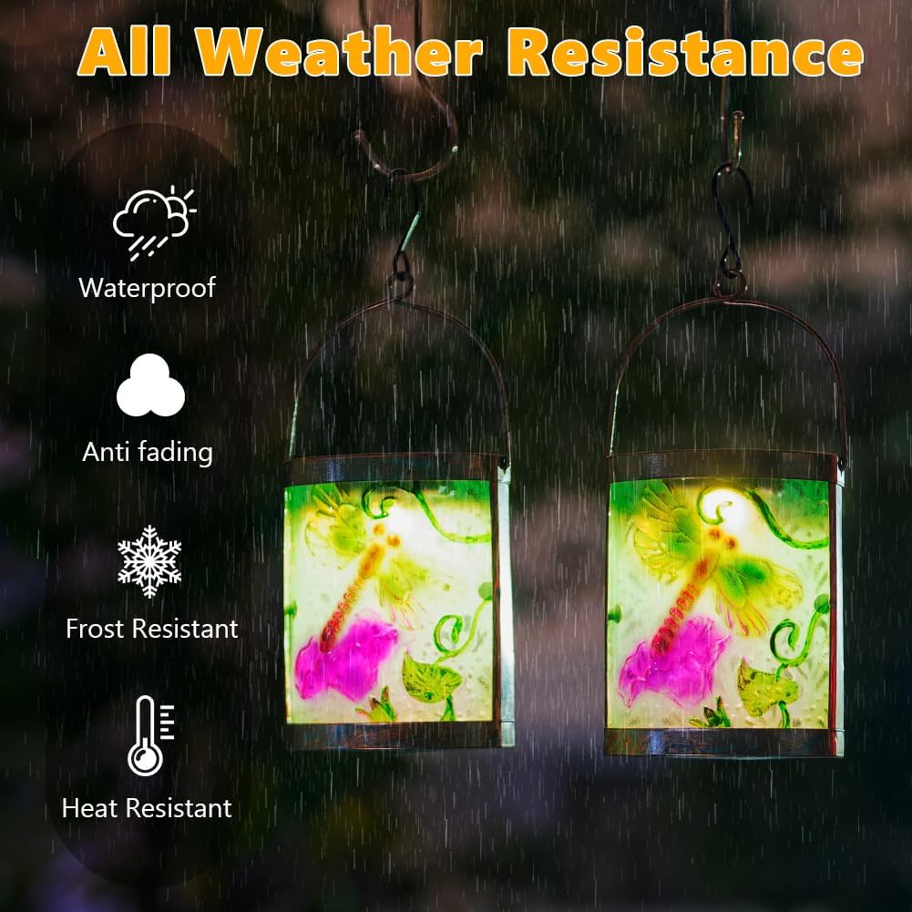 SUNNYSOLAR 2 Pack Glass Dragonfly Solar Lanterns Outdoor Waterproof, Hanging LED Solar Lantern for Tabletop Garden Patio Decor
