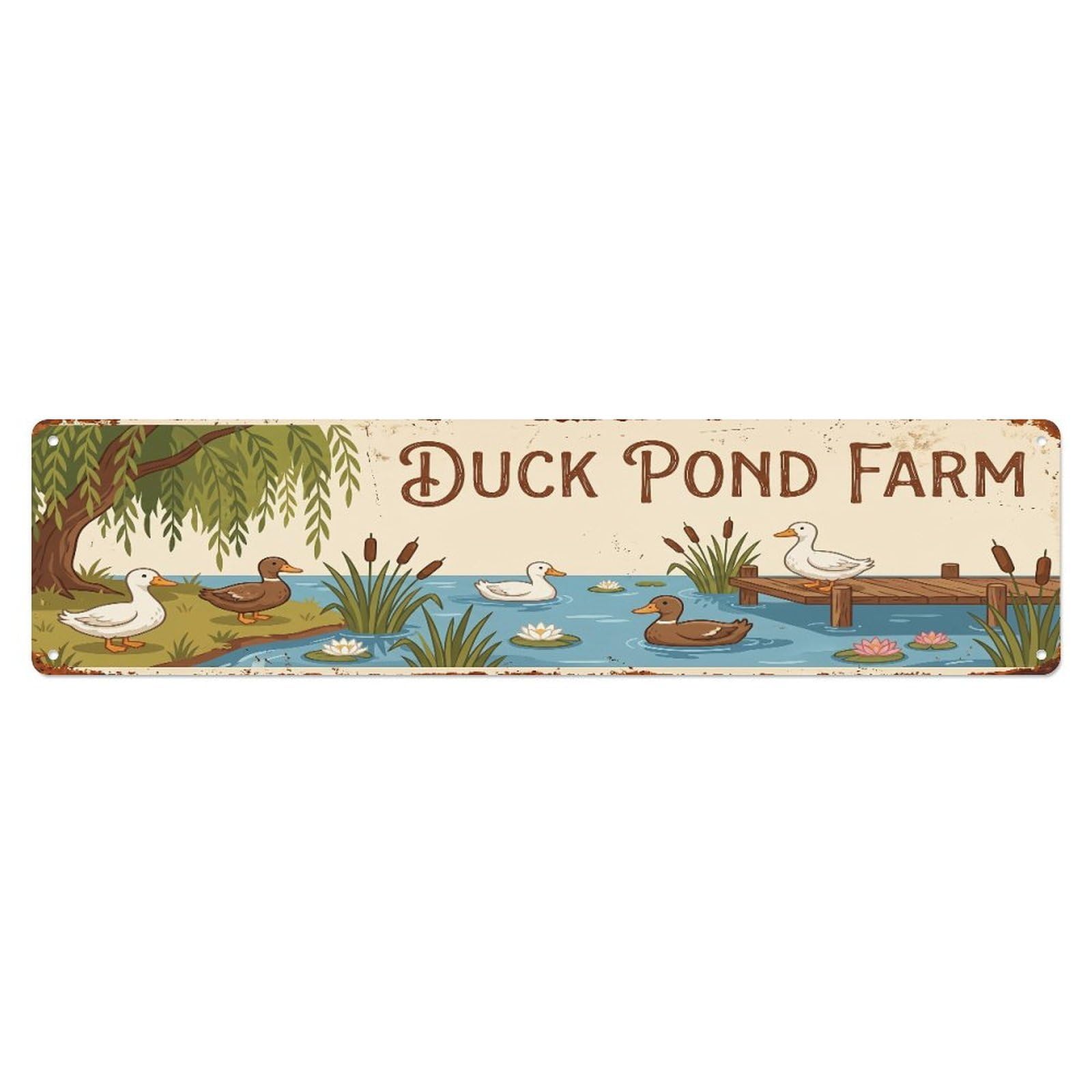 Metal Tin Sign Vintage Duck Farm Scene Duck Pond Farm