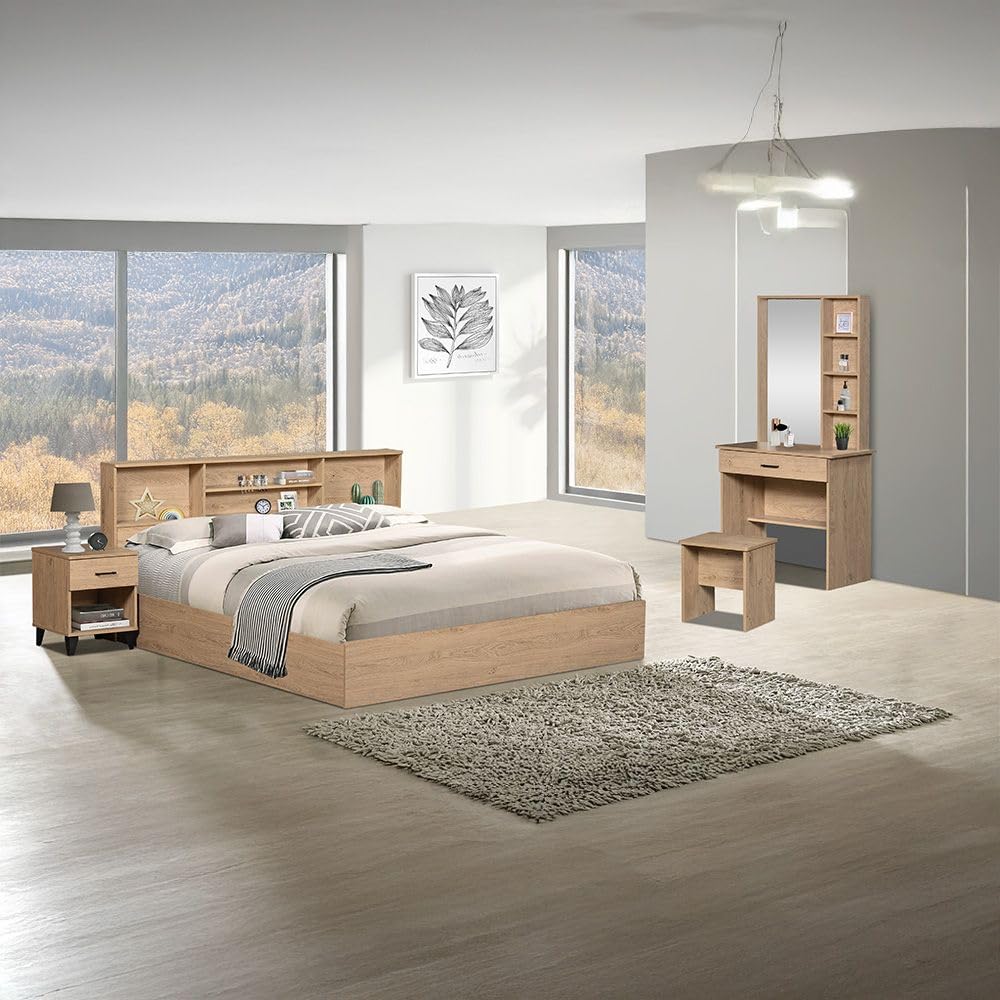 Danube Home Gamorah 5 Pieces Bed Set King Size + Night Stand + Dresser And Stool With Mirror | Comfortable Bedset Full | Sturdy Modern Design Wooden Bed Room Set Furnitures (Light Oak, King)