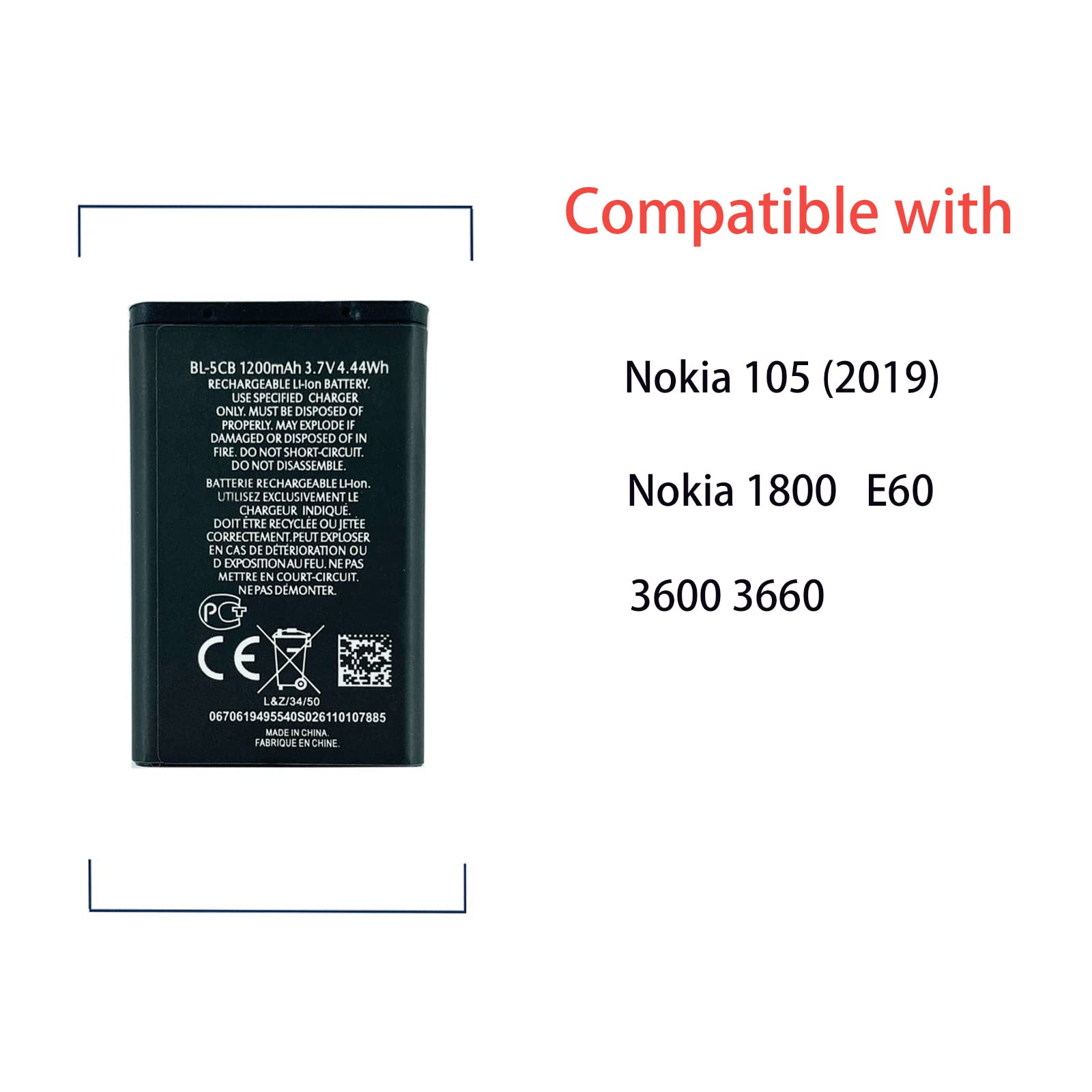 HIGHAKKU Batteria BL-5CB Di Ricambio Per Nokia 105 2019, 1800, E60, 3600 E 3660 – 526+ Cicli Di Ricarica E Certificazione UL/CE/RoHS - 3