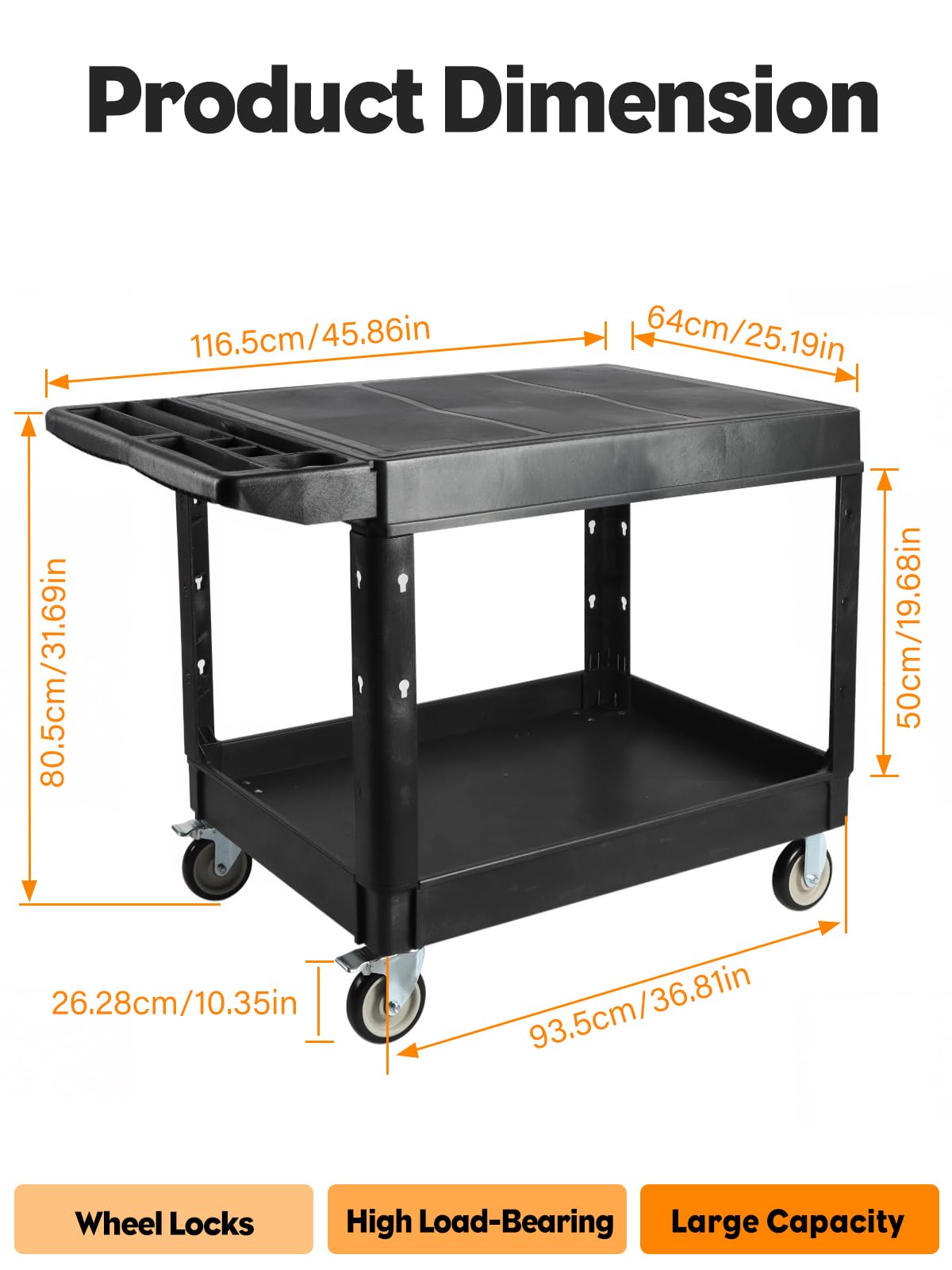 Kalolary 600 Livres 2 Niveaux Chariot Utilitaire Robuste sur roulettes | Capacité Supplémentaire Grand Chariot Service Polyvalent Avec Poignée Organisateur Rangement Chariot Outils Mobile Entrepôt