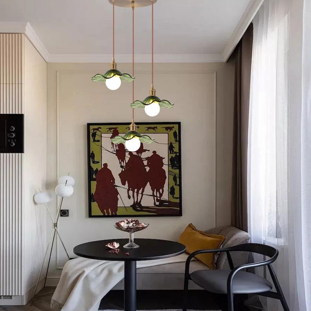 3 Lampe Suspendue en Verre Intérieure Moderne Vert Fleurs E27 Suspension Luminaires Vintage Laiton Doré Lustre Réglable en Hauteur pour Salon Chambre Cuisine