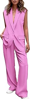 Women's 2 Piece Outfits Sleeveless Suit Vest and Wide Leg Pants Business Casual Blazer Sets - Buy now