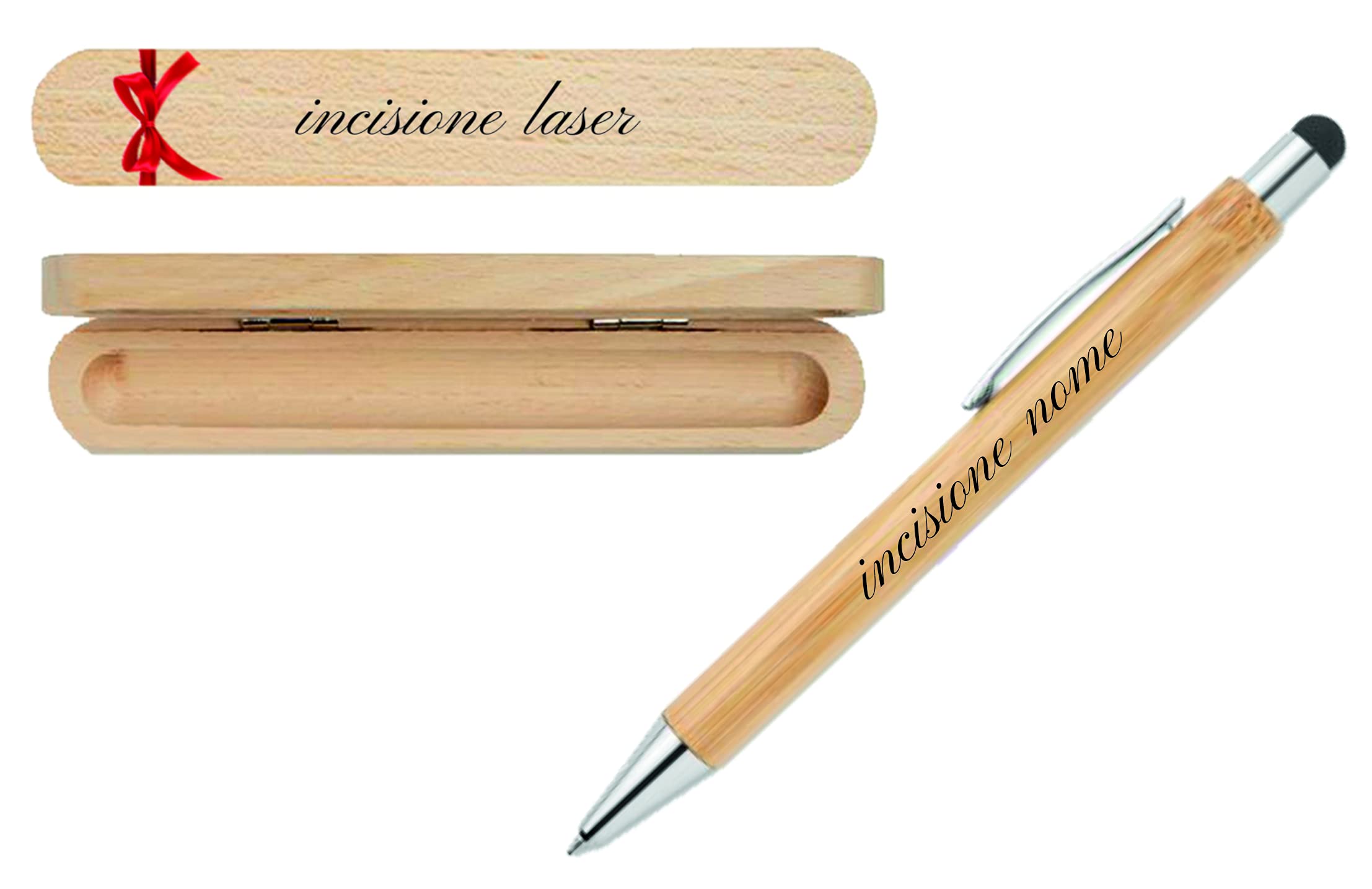 Penna a scatto in bamboo inchiostro nero con touch screen e scatola in legno personalizzati con incisione laser Top Tie