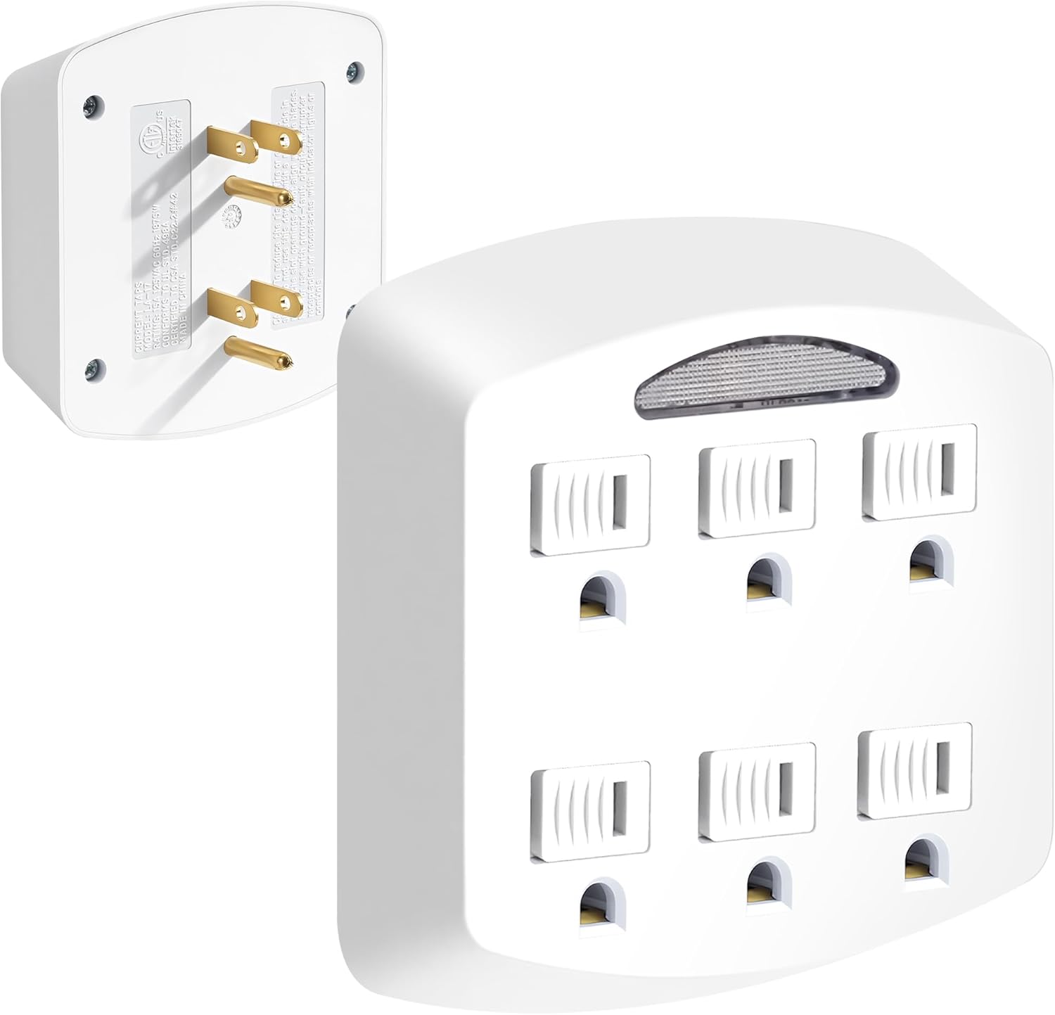 6-Outlet Extender, 3-Prong Ground Wall Tap Adapter with Safety Cap & LED Guide Light, Cruise Essentials, Multiple Plug Electrical Outlets Splitter for Home, Office, Dorm Room, ETL Listed, White