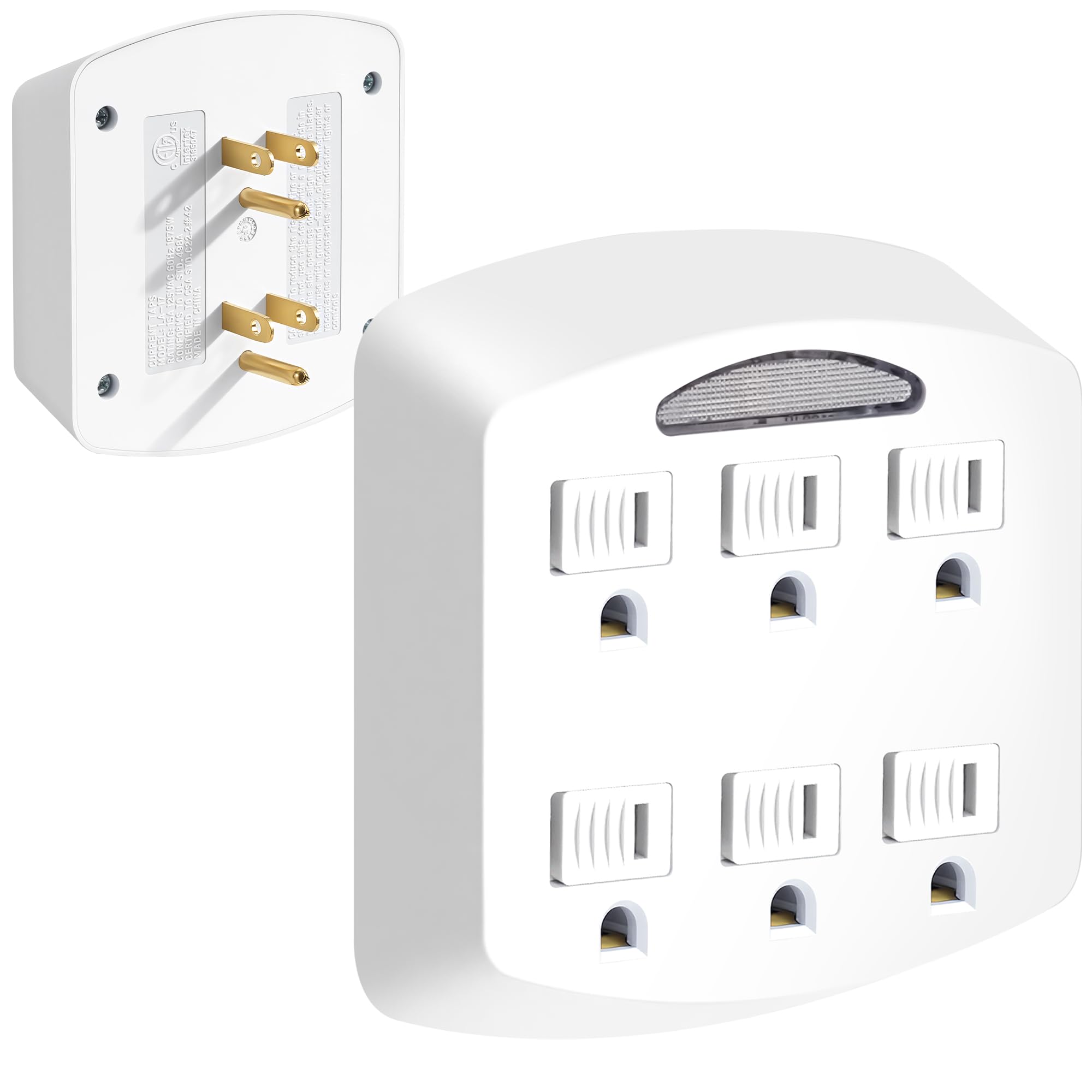 6-Outlet Extender 3-Prong Ground Wall Tap Adapter with Safety Cap LED Guide Light Cruise Essentials Multiple Plug Electrical