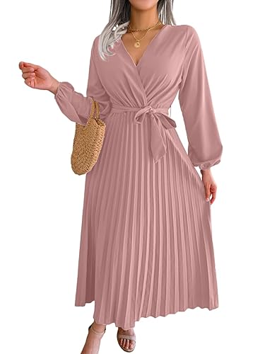 Women's Pleated Maxi Wrap Dress, Modest V-Neck Puff Sleeve Flowy