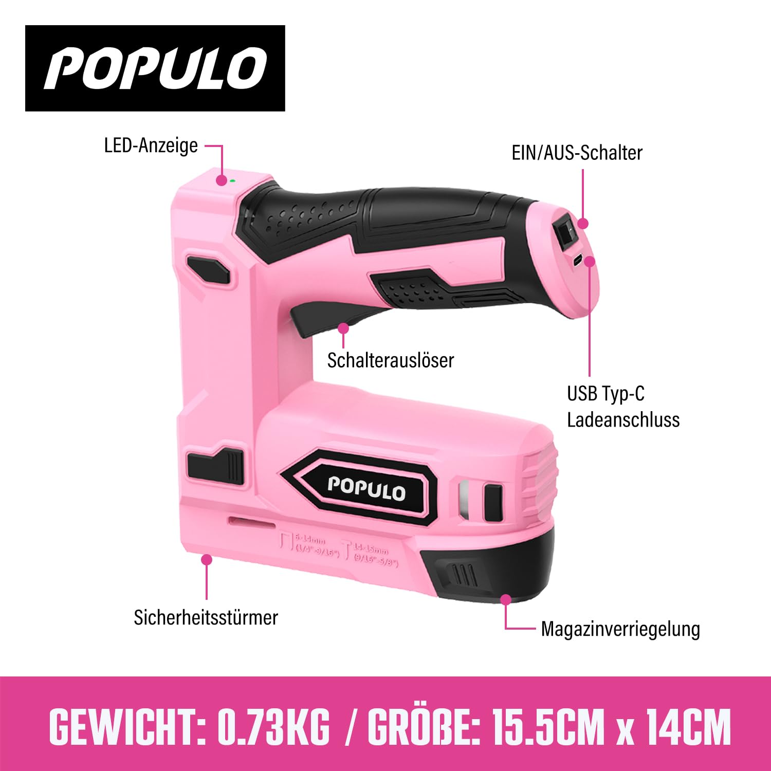 POPULO Akku Tacker, 2-in-1 Lithium-Ionen-Heftgerät, 4V Nagelgerät Set Mit Ladekabel, 2600 Heftklammern & Nägel, Power-Tacker Inklusive Nagelzieher für Bastelarbeiten, DIY und Polsterarbeiten, Rosa