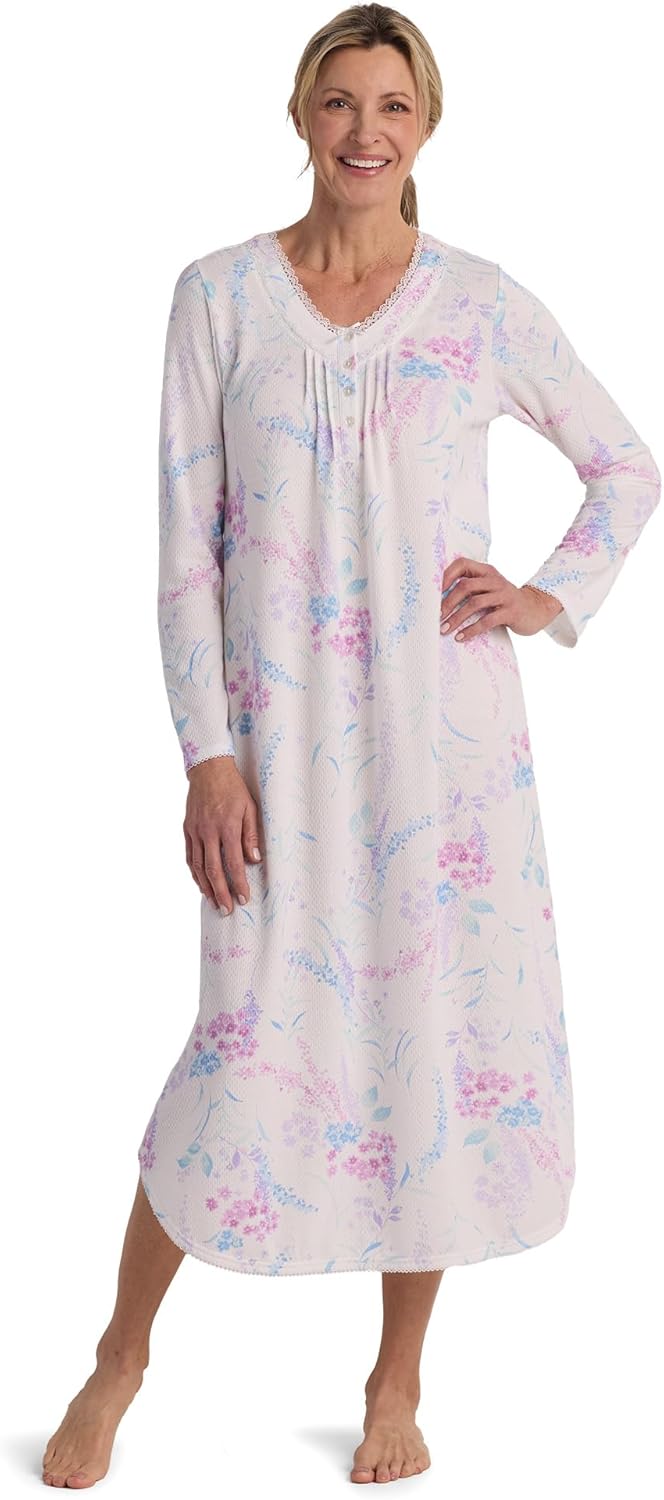 Miss Elaine Women's Long Nightgown, Honeycomb Knit Gown with Long Sleeves, Women's Sleepwear