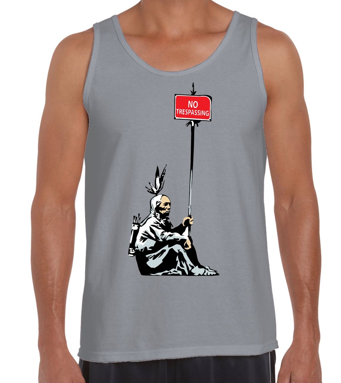 Tribal T-Shirts Mens Banksy No Trespassing Native Indian Vest Top (Medium, Light Grey)
