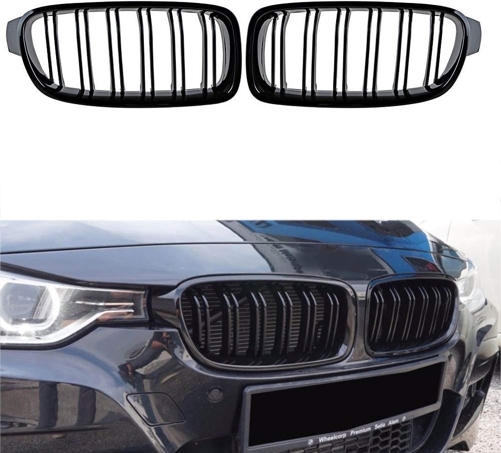 GSRECY Gloss Black For F30 F31 2012-2018 3 Series 318d 320d 330d 320i 328i 335i 335i xDrive Twin FIns Front Kindey Bumper Grille Grill Pair (Gloss Black)
