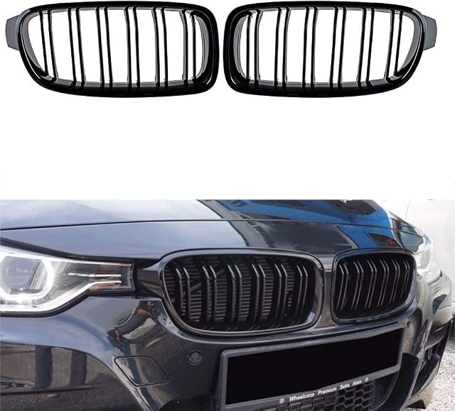 GSRECY Gloss Black For F30 F31 2012-2018 3 Series 318d 320d 330d 320i 328i 335i 335i xDrive Twin FIns Front Kindey Bumper Grille Grill Pair (Gloss Black)