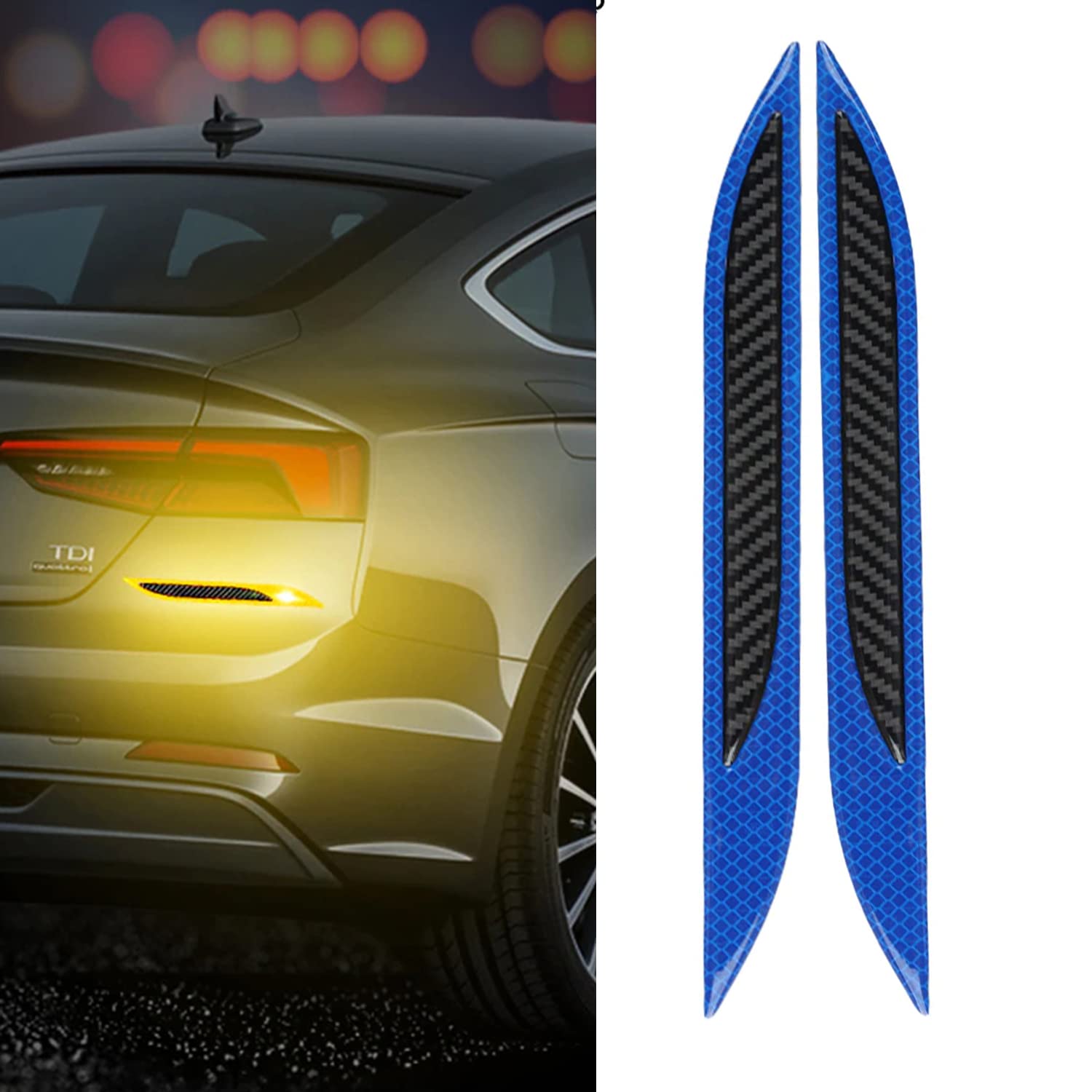 (Blue Black) (2Pcs) Reflective Safety Warning Strip Tape Car Carbon Fiber Bumper Reflective Strips Secure Reflector Stickers Decals Car Styling Compatible with Celica