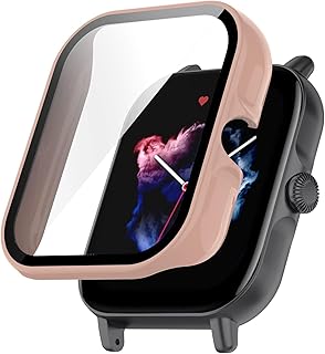 دلـع موبايلك جراب حماية لساعة امازفيت جي تي اس 3 من البولي كربونات بدرجة صلابة 9 غطاء رفيع بالكامل مع شاشة مدمجة الزجاج المقوى بينك زهري