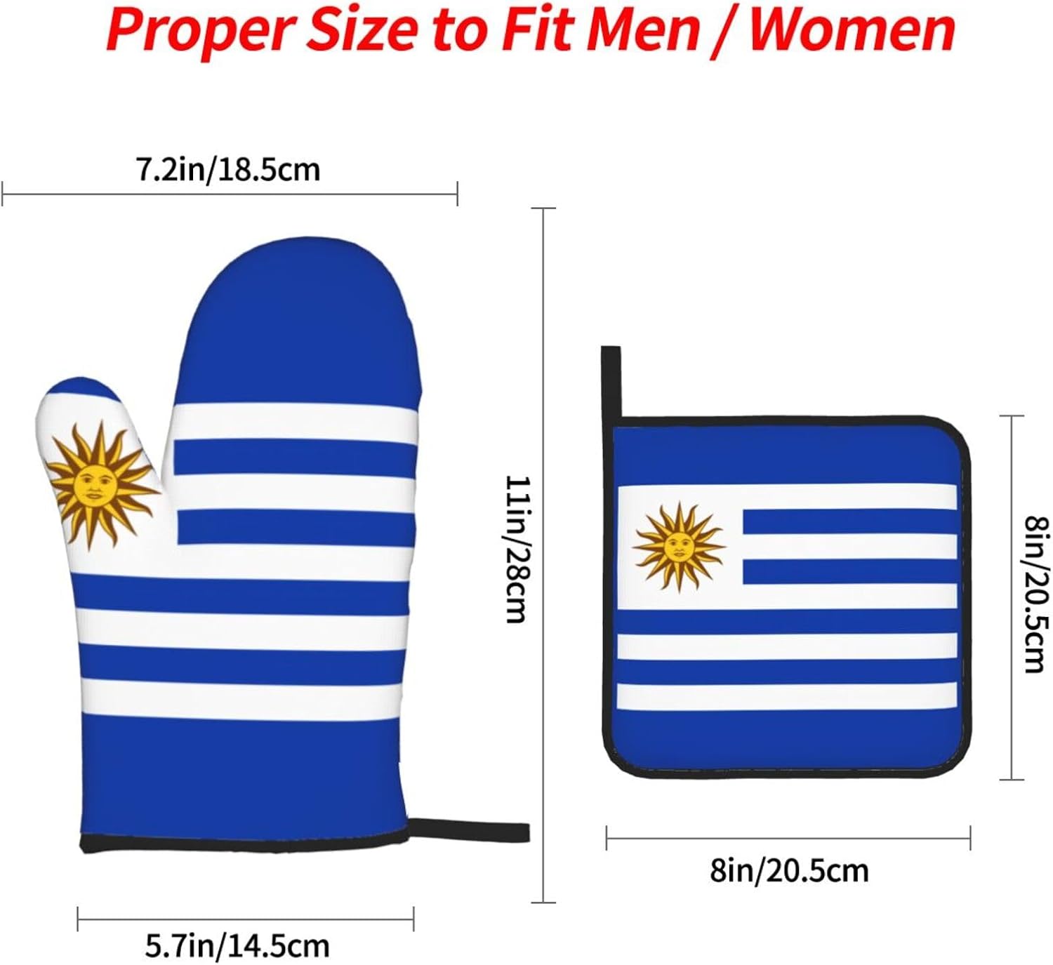 Flag of Uruguay Oven gloves and heat-resistant mat 4-piece set. Suitable for grilling, microwave oven frying, and baking