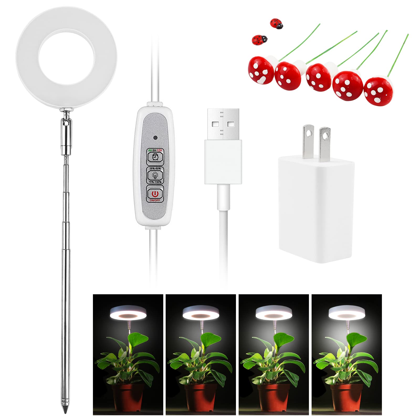 Indoor Plant Grow Light, Angel Ring Growing Lamp for Small Plants, Height Adjustable Full Spectrum LED Plant Light with Controller, USB Powered-Cold White