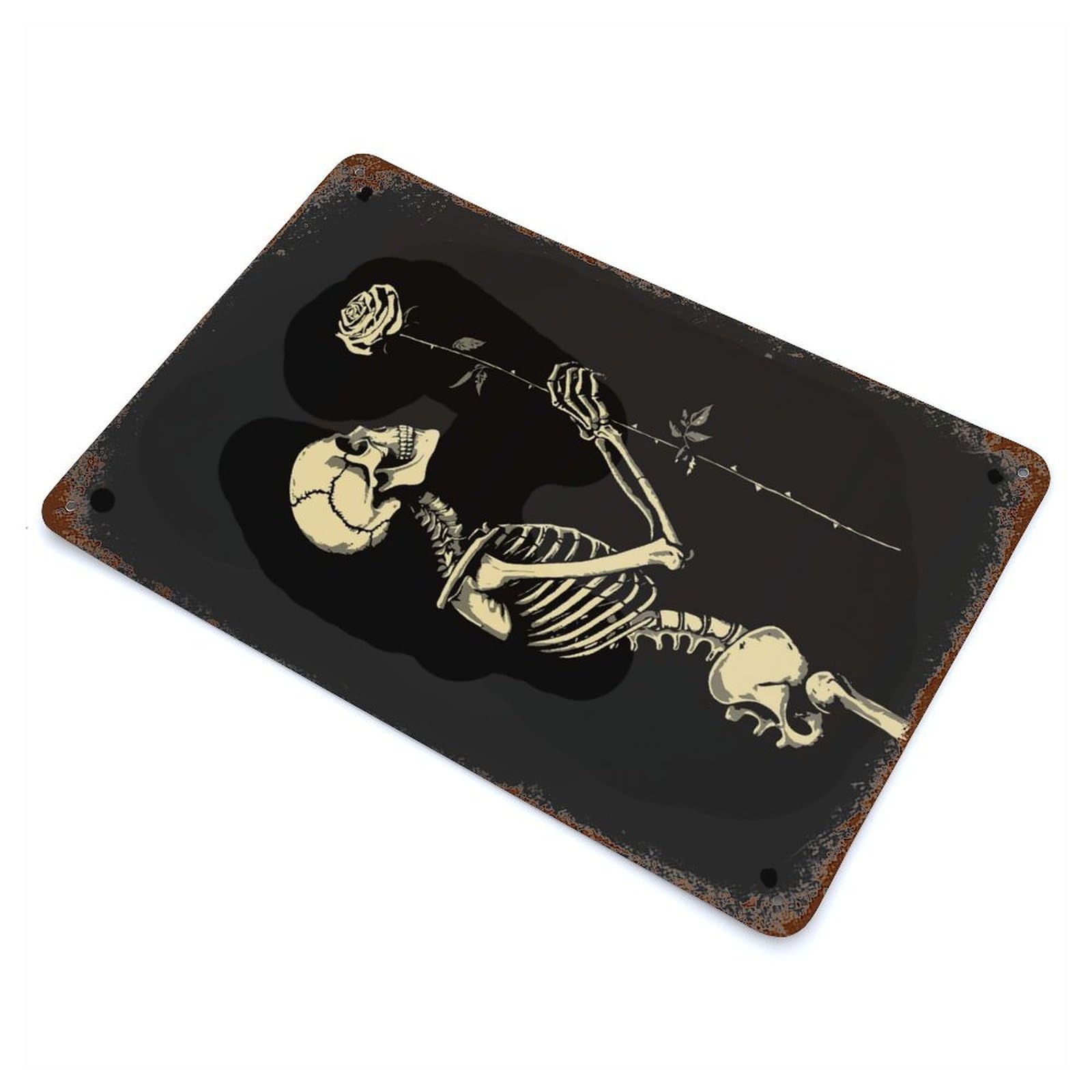 Decorative Tin Sign with Skeleton with Rose Design 11.8"x7.9", for Garage, Bar And Workshop Decor, Decorative Metal Wall Art