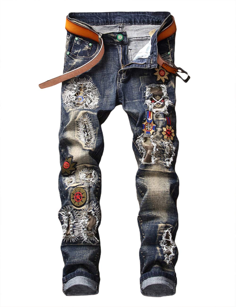 EnricaMen's Ripped Straight Slim Moto Biker Jeans