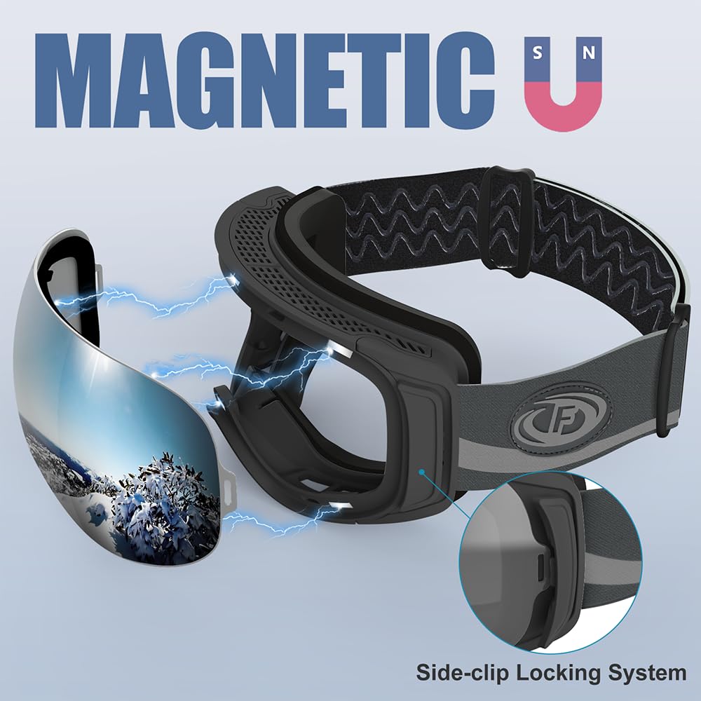 Findway Maschera Sci, Occhiali da Sci Magnetica Donna Uomo, Maschera per Snowboard e Sci per Occhiali da Vista OTG,Anti-UV Protezione UV400 Anti-Nebbia