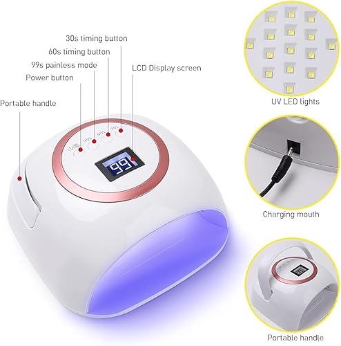 Miniatura 6 de RAYWAY Lámpara de uñas LED UV, secadora de uñas recargable de 72 W, lámpara de secado rápido con 3 ajustes de temporizador, máquina profesional con