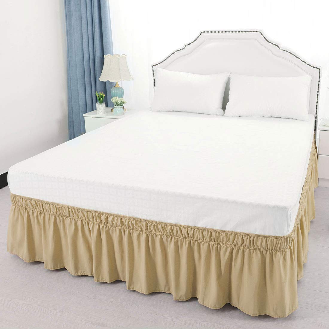 Bed Skirt - Wrap Around Bed Skirts Elastic Dust Ruffles, Easy Fit Wrinkle and Fade Resistant Silky Luxrious Fabric Solid Color, Taupe Queen Size Beds 15 Inch Tailored Drop