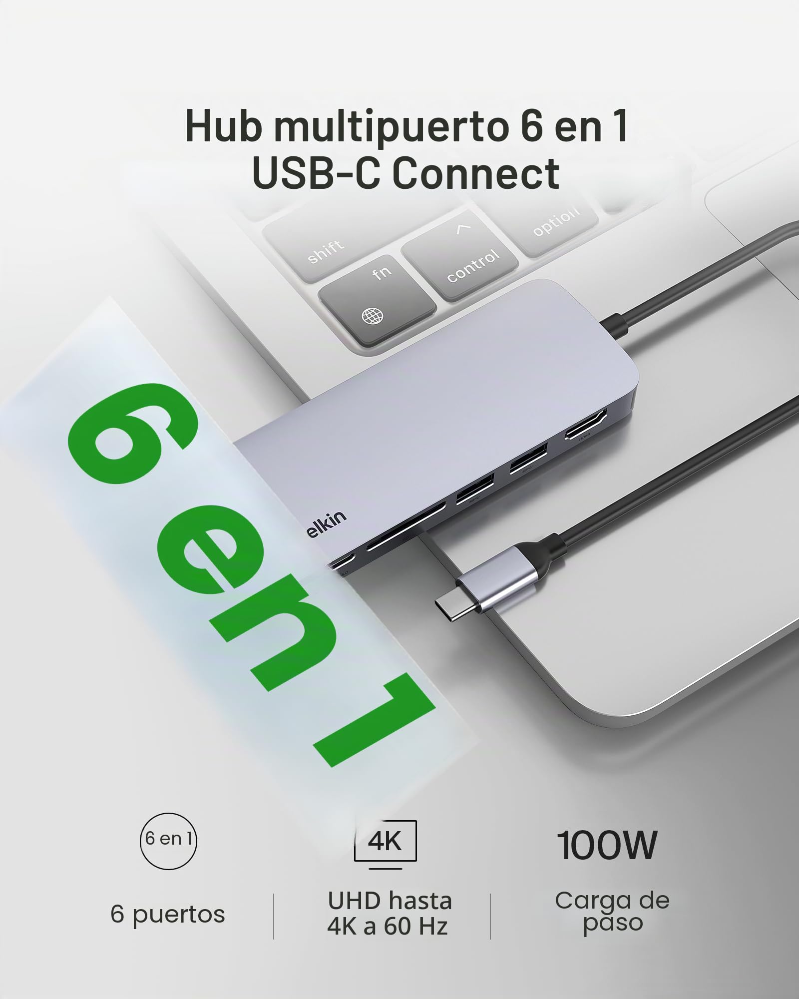 Belkin Hub USB-C: Base Adaptador multipuerto 6 en 1 con HDMI 4K, Carga de Paso PD USB-C de 100 W, 2 Puertos USB-A, Puertos Gigabit Ethernet y Ranura SD para MacBook Pro, Air, iPad, Pro, XPS y más