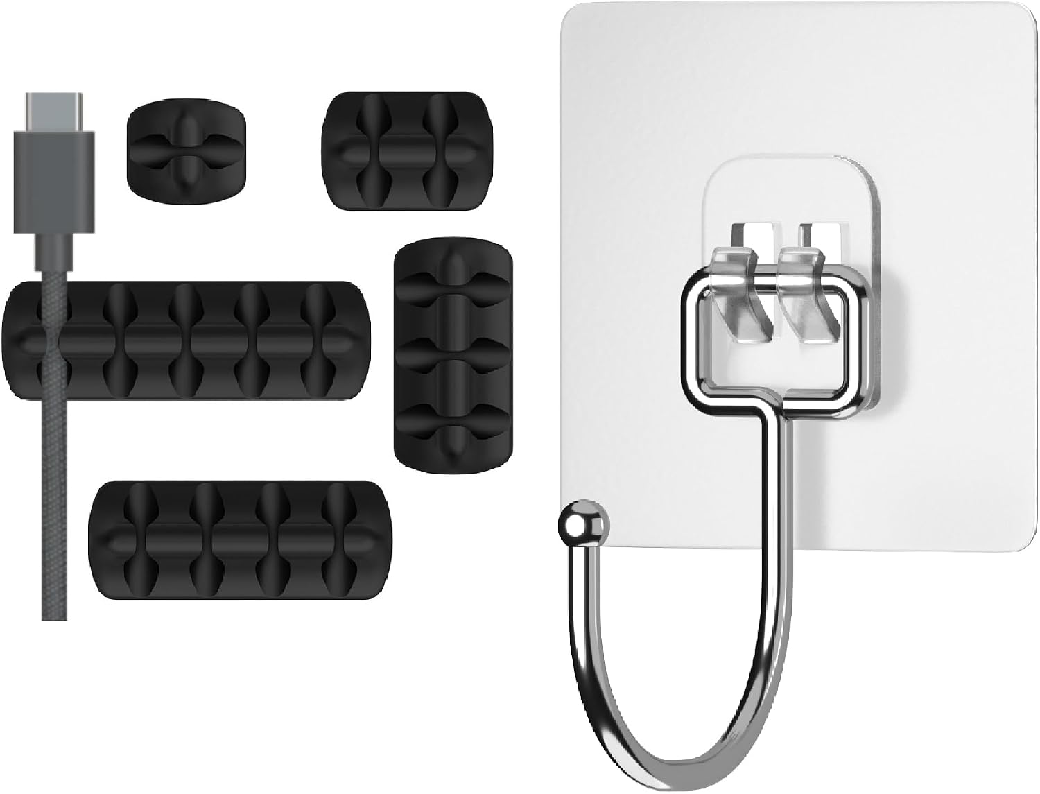 GLUIT Home and Office Organization Kit - Cable Organizer Black 5 Pack and Heavy Duty Big Hooks 18 Pack Combo
