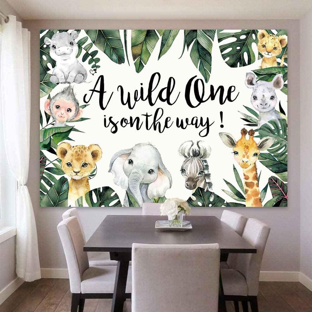 Safari-Babyparty Hintergrund – 210x150 Cm, Vinyl, Mit Dschungeltieren & 'Wild One' Schriftzug