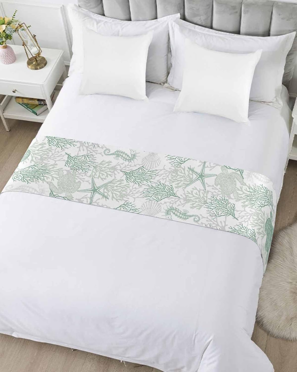 Yukro Bed Runner Scarf, Summer Sage Green Ocean Sea Turtle Coral Sea Queen Bed Scarf Runner, No Fading Decorative Bedding Scarf for Bedroom Hotels Homes and Guestrooms