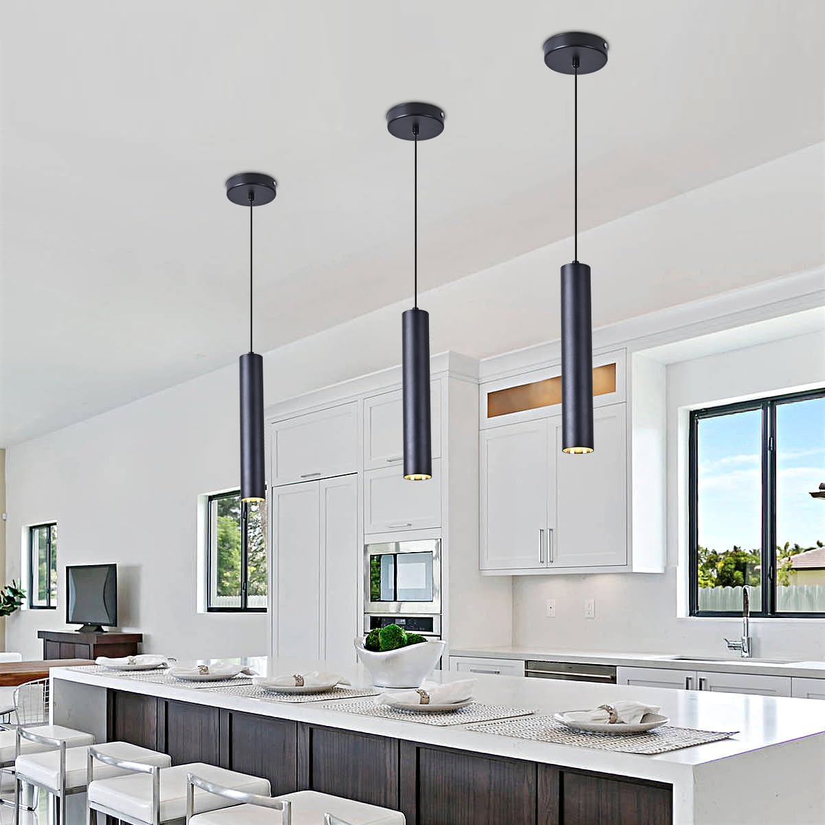 Modern Pendant Lights,Modern Black Pendant Lights Fixture, Unique LED Pendant Lighting for Kitchen Island Bar,9W,4000K, 3Pack, Pendant Lighting, for Kitchen Island Bar