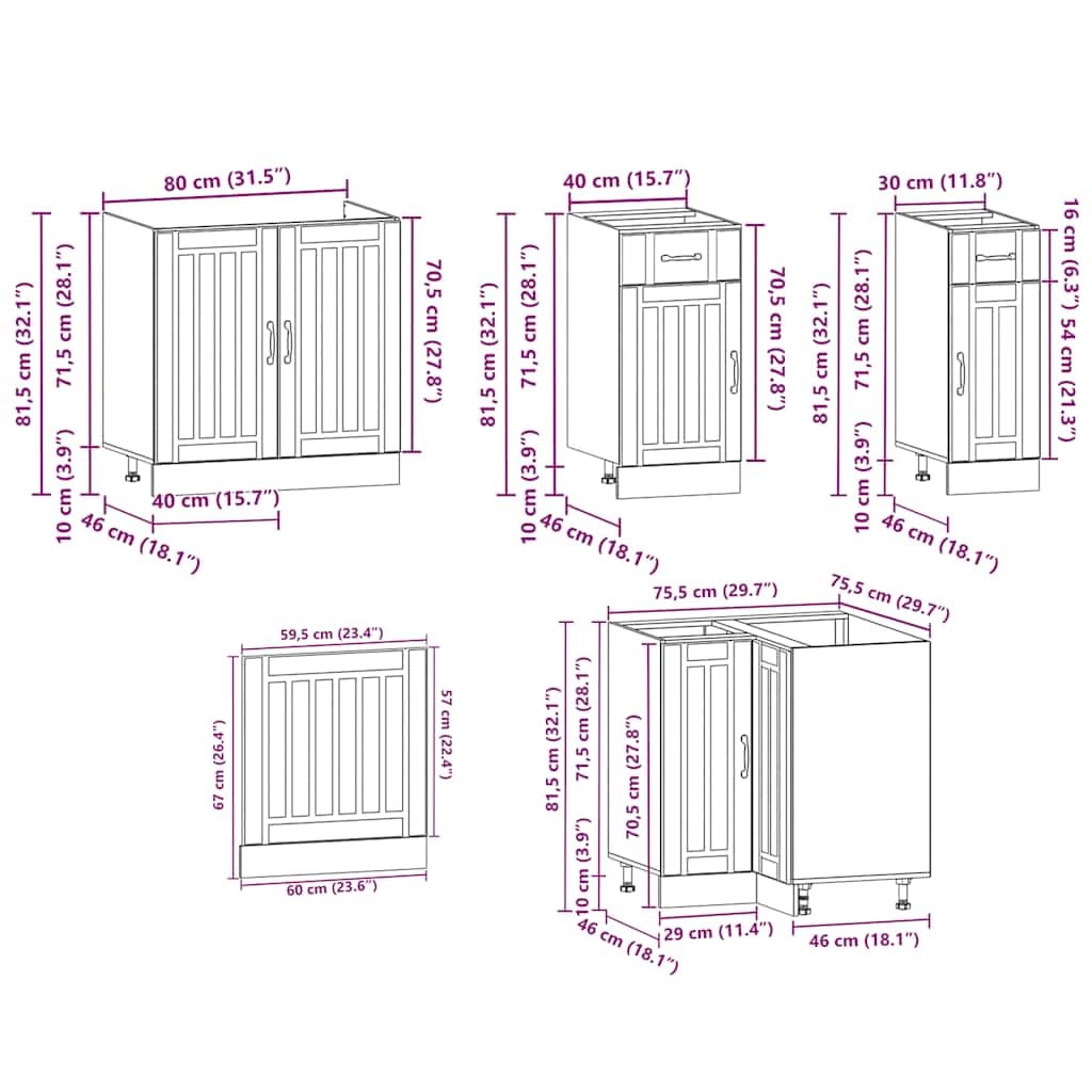 Kalmar - Set di 11 mobili da cucina in legno di quercia Sonoma con molto spazio, piedini regolabili, autoportante, per sala da pranzo, dispensa, bar, con cassetto e scaffale