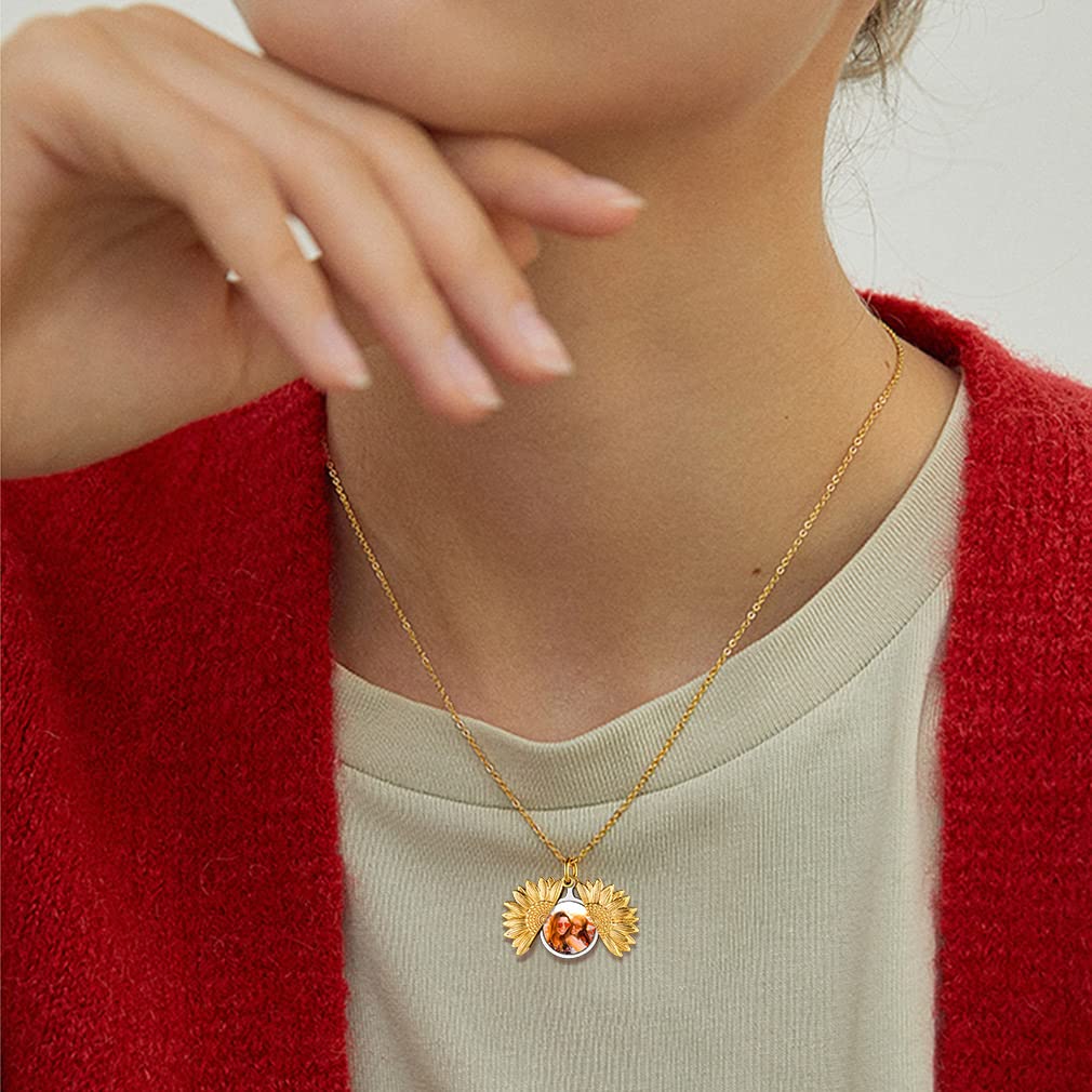 Custom4U Médaillon Porte Photo Femme Plaqué Or Jaune Collier Tournesol Personnalisable Pendentif Prénom Personnalisé Bijoux Fantaisie Cadeau Gravure Maman Femmes Enfant Fille
