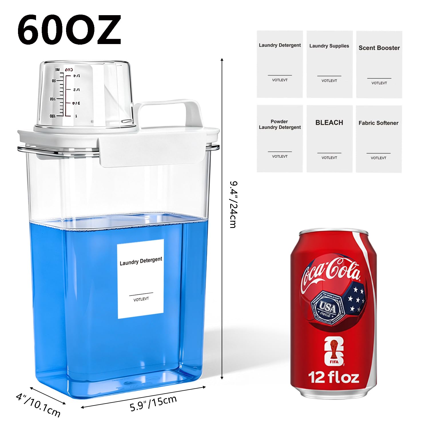 Dispensador de detergente líquido para ropa de 64 onzas, dispensador de jabón de lavandería, soporte y recipiente para suavizante de tela de plástico transparente, organización y