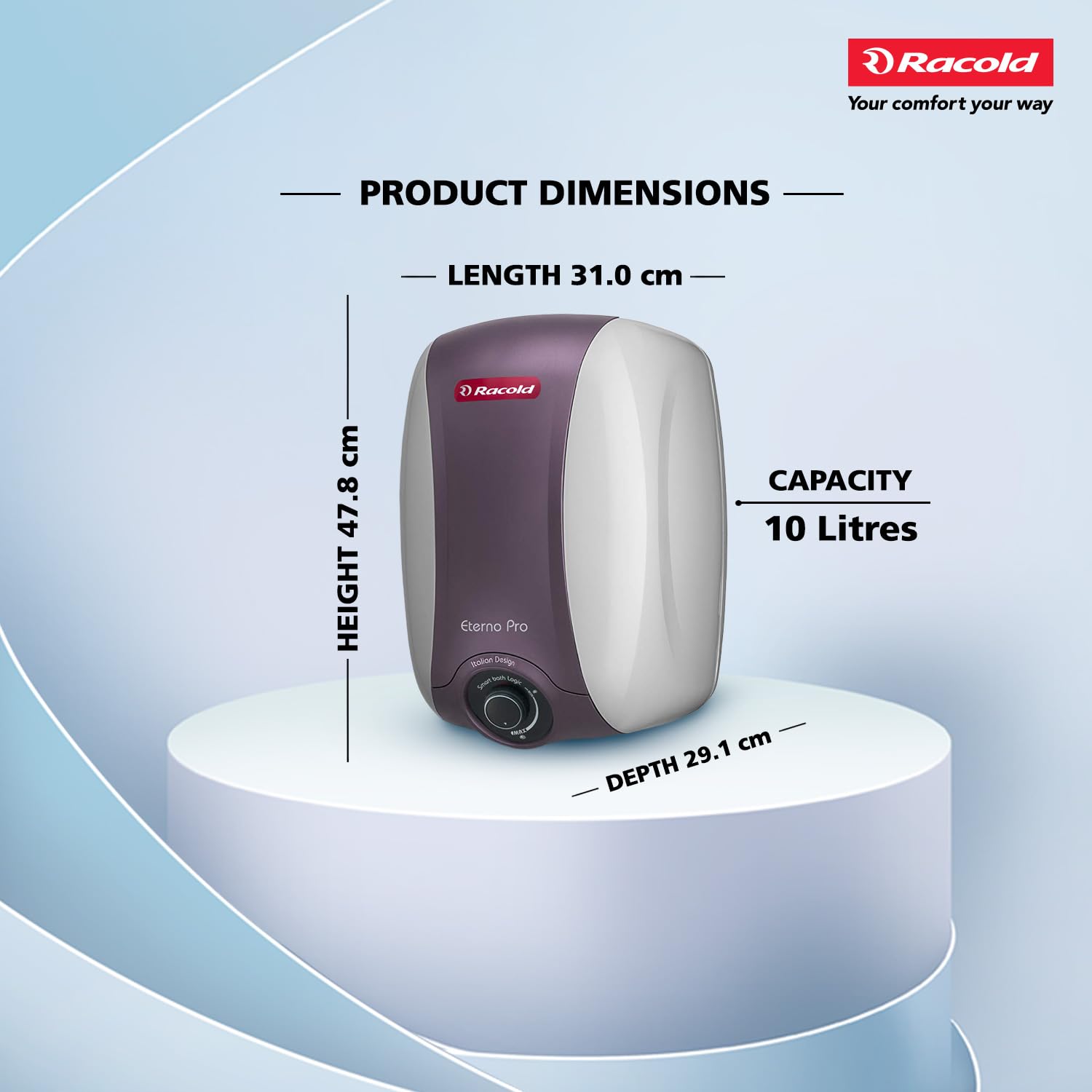 Tilbage view of the Racold Eterno Pro 10L Storage Water Heater, showing mounting points and connections.