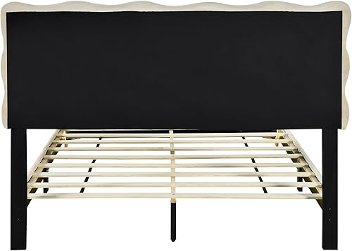 Miniatura 230 de Base de cama flotante tamaño Queen con luces LED y carga USB, marco de cama LED de plataforma tapizada moderna, no necesita somier (blanco-1)