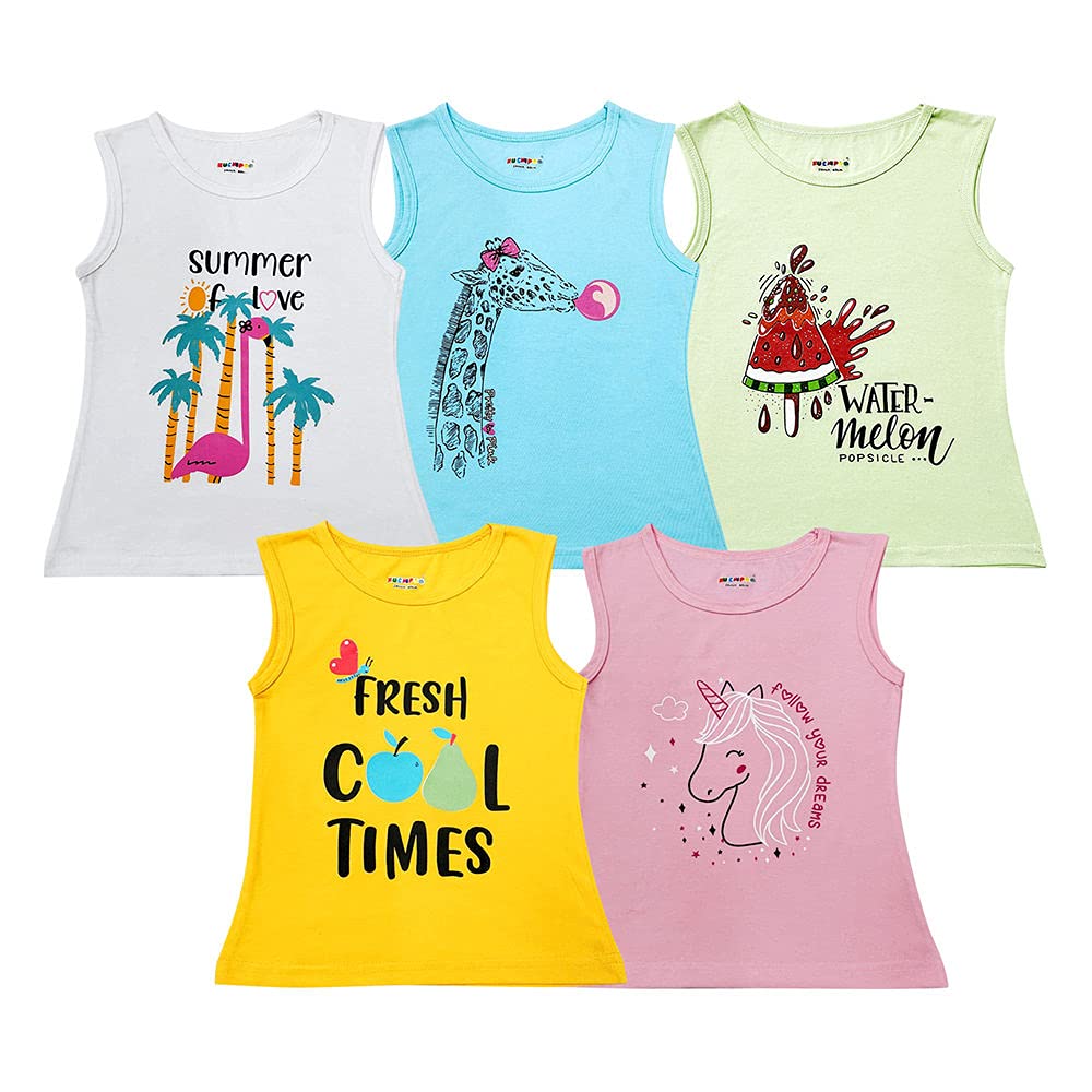 HopscotchBaby Girls 95% Cotton and 5% Polyester Combo of 5 Sleeveless T-Shirts in Multi Color