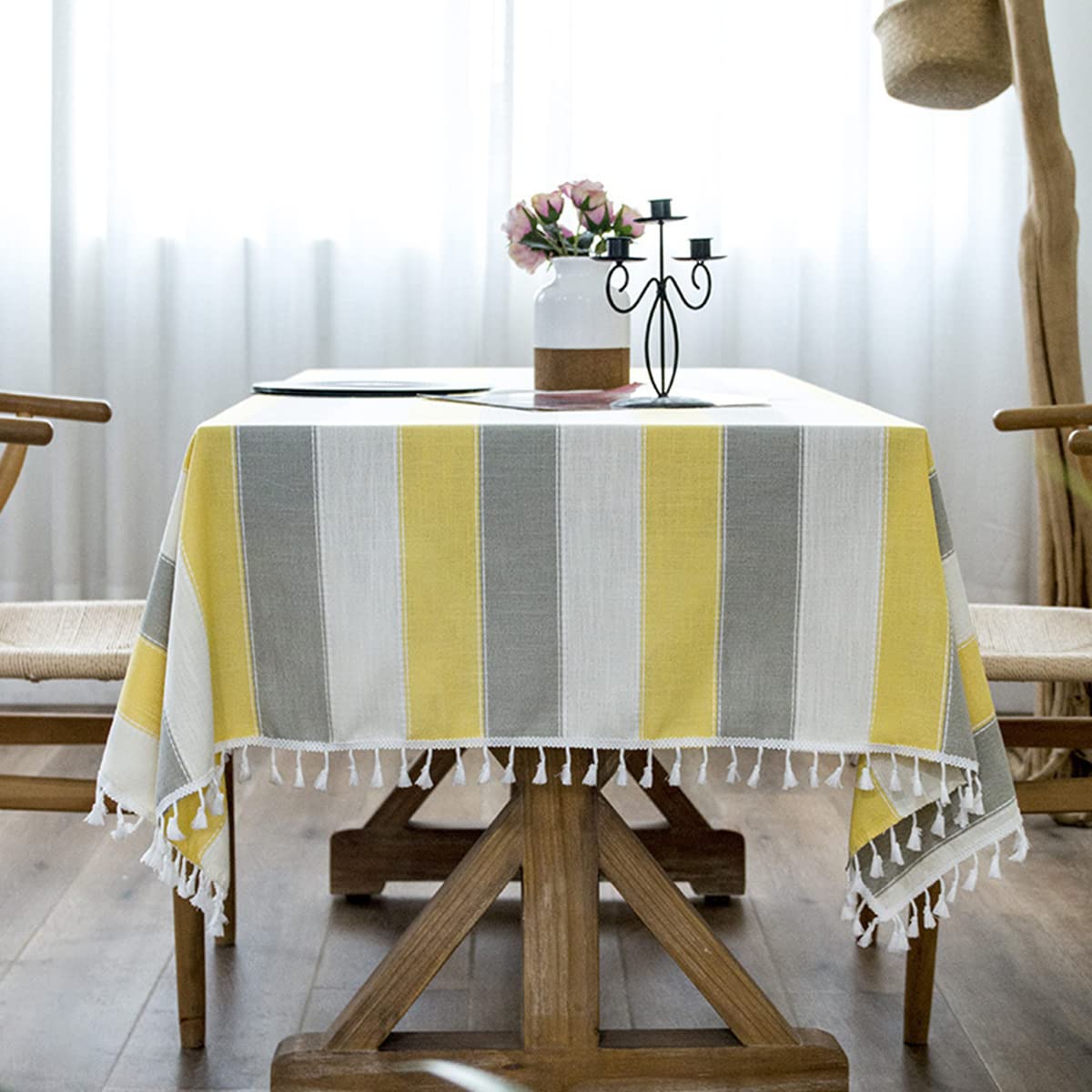 Tovaglia a righe con nappe, rettangolare, in cotone, lino, antipolvere, per cucina, sala da pranzo, giallo, 61 x 61 cm